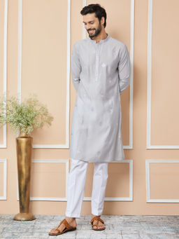 See Designs - Grey Embroidered Chanderi Silk Kurta with Pyjama (Set of 2)