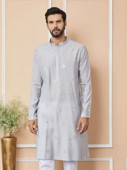 See Designs - Grey Embroidered Chanderi Silk Kurta