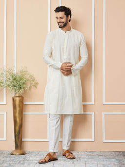 See Designs - Cream Embroidered Chanderi Silk Kurta with Pyjama (Set of 2)