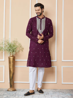 See Designs - Purple Sequins Embroidered Rayon Kurta and Pyjama (Set of 2)