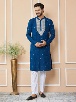 See Designs - Royal Blue Sequins Embroidered Rayon Kurta and Pyjama (Set of 2)