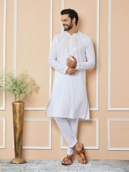 See Designs - White Sequins Embroidered Rayon Kurta and Pyjama (Set of 2)