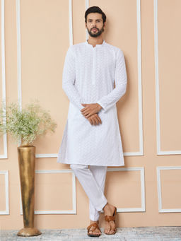 See Designs - White Embroidered Chikankari Cotton Kurta with Pyjama (Set of 2)