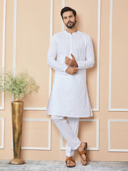 See Designs - White Embroidered Chikankari Cotton Kurta with Pyjama (Set of 2)