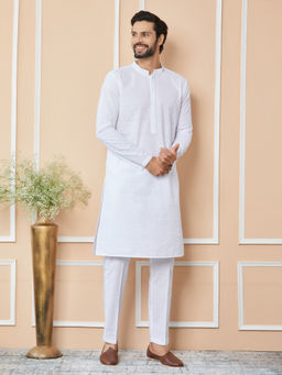 See Designs - White Embroidered Chikankari Cotton Kurta with Pyjama (Set of 2)
