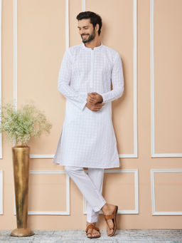 See Designs - White Embroidered Chikankari Cotton Kurta with Pyjama (Set of 2)