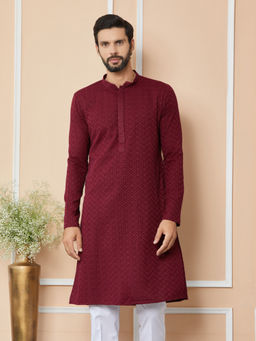 See Designs - Maroon Embroidered Chikankari Rayon Kurta