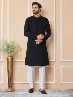 See Designs - Black Embroidered Chikankari Rayon Kurta with Pyjama (Set of 2)