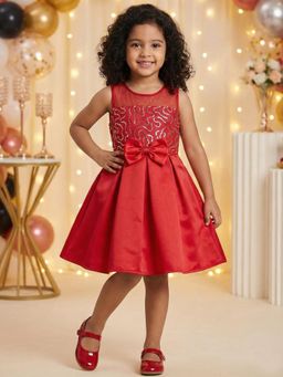 Creative Kids - Girls Red Sequins Embellished Satin Net Party Wear Knee Dress