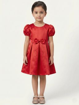 Creative Kids - Girls Red Solid Satin Party Wear Knee Dress With Bow