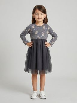Creative Kids - Girl Black and Grey Layered Fit and Flare Winter Knee Dress