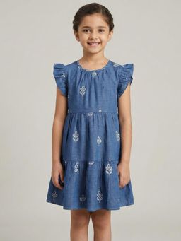 Creative Kids - Girl Denim Blue Printed Frill Sleeves Fit and Flare Knee Dress