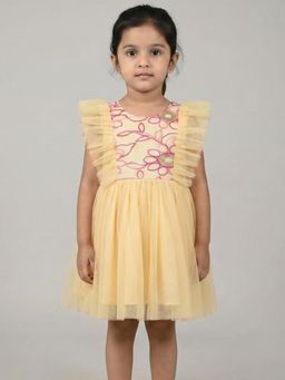 Creative Kids - Girl Pink and Yellow Net Embellished Fit and Flare Knee Dress