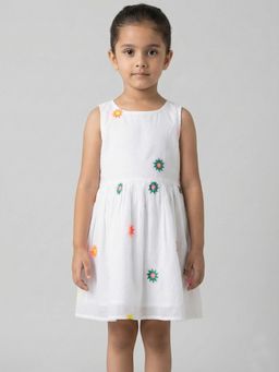 Creative Kids - Girl White Cotton Embroidered Fit and Flare Knee Dress