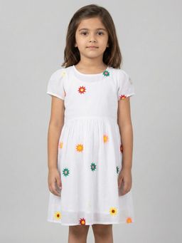 Creative Kids - Girl White Cotton Embroidered Short Sleeves Fit and Flare Knee Dress