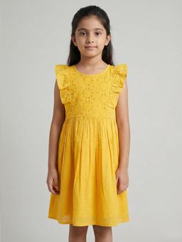 Creative Kids - Girl Yellow Cotton Schiffli Fit and Flare Knee Dress