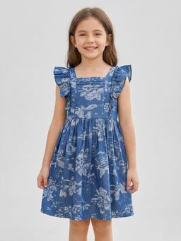 Creative Kids - Girls Blue and White Printed Denim Square Neck A-Line Knee Dress