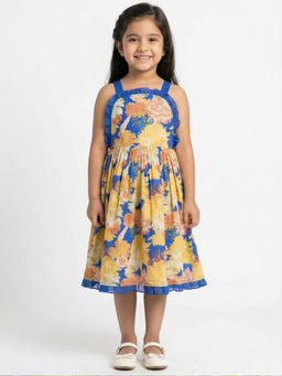 Creative Kids - Girls Blue and Yellow Floral Printed Cotton Sleeveless A-Line Midi Dress