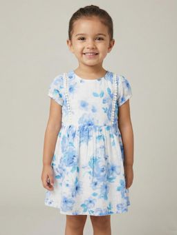 Creative Kids - Girls Blue and White Floral Printed Cotton Fit and Flare Knee Dress