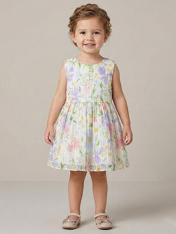 Creative Kids - Girls White Floral Printed Polyester Fit and Flare Knee Dress