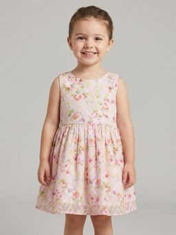 Creative Kids - Girls Green and Pink Floral Printed Polyester Fit and Flare Knee Dress