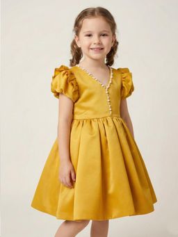 Creative Kids - Girls Mustard Satin Knee Length Party Wear Knee Dress
