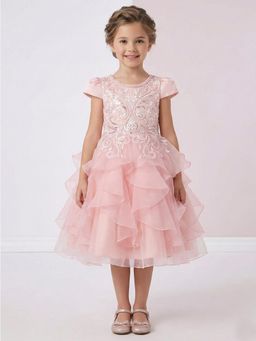 Creative Kids - Girls Pink Embellished Satin Net Knee Length Party Wear Midi Dress