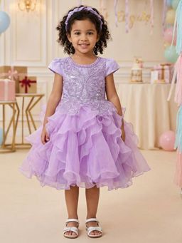 Creative Kids - Girls Purple Embellished Satin Net Knee Length Party Wear Knee Dress