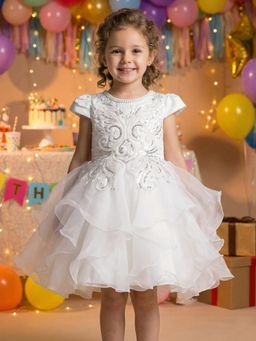 Creative Kids - Girls White Embellished Satin Net Knee Length Party Wear Knee Dress