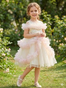 Creative Kids - Girls Cream and Blush Embellished Satin Party Wear Knee Dress
