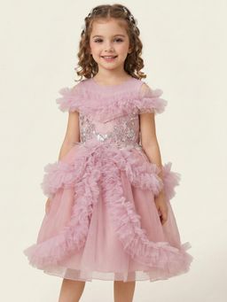 Creative Kids - Girls Pink Embellished Satin Net Knee Length Party Wear Knee Dress