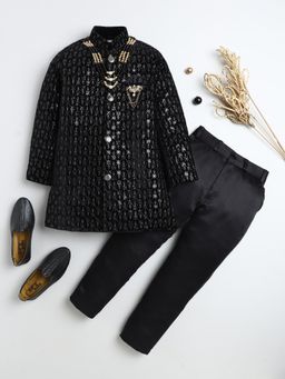 BT DEZINES - Boys Black Velvet Sequined Sherwani and Trousers with Necklace