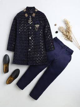 BT DEZINES - Boys Navy Blue Velvet Sequined Sherwani and Trousers with Necklace