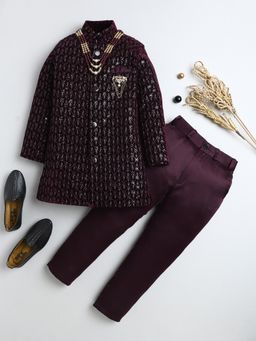 BT DEZINES - Boys Burgundy Velvet Sequined Sherwani and Trousers with Necklace