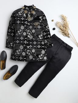 BT DEZINES - Boys Black Velvet Floral Vine Sherwani and Trousers with Necklace