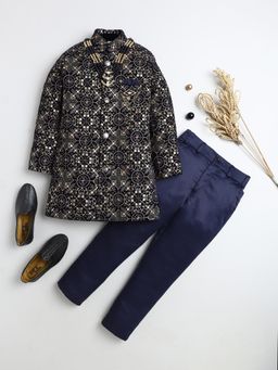 BT DEZINES - Boys Navy Blue Velvet Medallion Sherwani and Trousers with Necklace