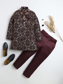 BT DEZINES - Boys Burgundy Velvet Medallion Sherwani and Trousers with Necklace