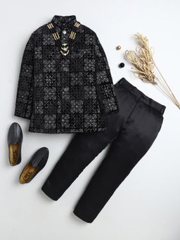 BT DEZINES - Boys Black Velvet Floral Sherwani and Trousers with Necklace