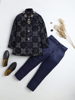 BT DEZINES - Boys Navy Blue Velvet Floral Sherwani and Trousers with Necklace