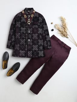 BT DEZINES - Boys Burgundy Velvet Floral Sherwani and Trousers with Necklace