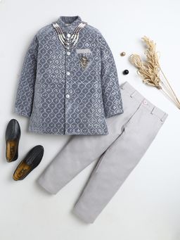 BT DEZINES - Boys Silver Grey Velvet Sequined Sherwani and Trousers with Necklace