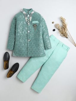BT DEZINES - Boys Mint Green Velvet Sequined Sherwani and Trousers with Necklace