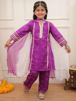 KID1 - Bandhani Kurta Pants With Dupatta - Purple