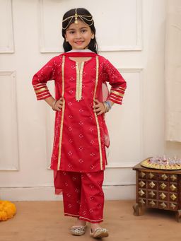 KID1 - Bandhani Kurta Pants With Dupatta - Red