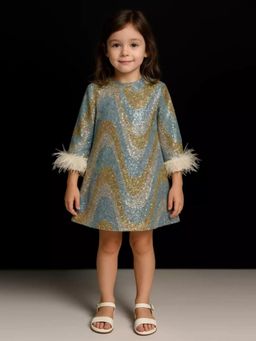Alyaansh Couture - Multicolor Sequin Furr Lace Knee Dress For Girl