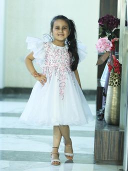 Alyaansh Couture - White Pink Butterfly Knee Dress