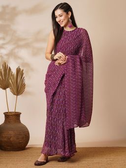 Globus - Purple Ikat Print Heat Pleated Georgette Ready To Wear Saree with Stitched Blouse