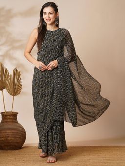 Globus - Black Ikat Print Heat Pleated Georgette Ready To Wear Saree with Stitched Blouse