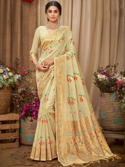 Odette - Off White Heavy Zari Woven Cotton Saree with Unstitched Blouse