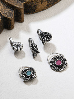 Fida - Ethnic Silver Plated Multi Color Floral Nose Pin for Women (Set of 5)